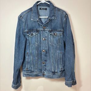 Madewell Blue Denim Jacket Women L Trucker Button Up Jean Classic Fit Distressed